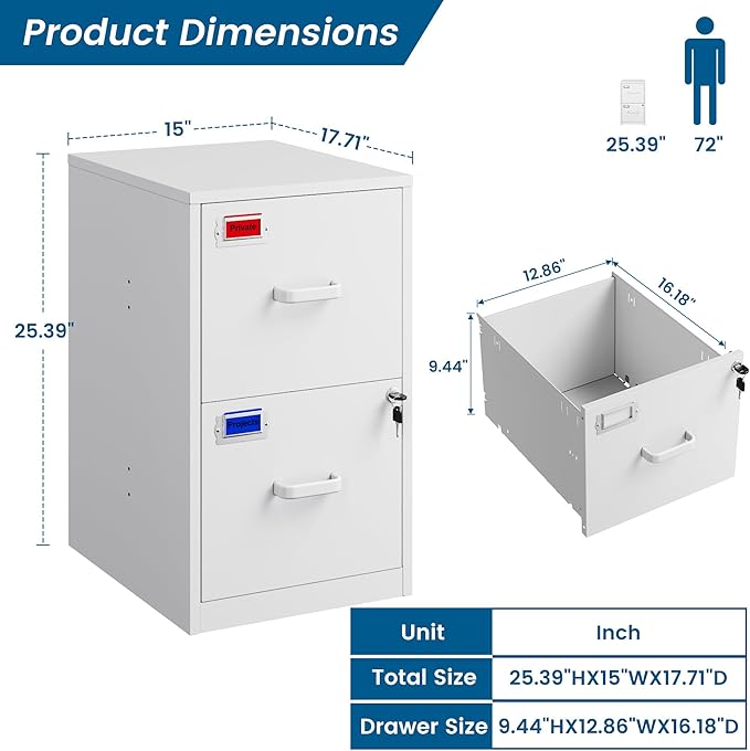 2 Drawer File Cabinet with Lock, 25.4" High Vertical Filing Cabinet, 17.7" Deep Metal Storage Cabinets for Home Office, Letter/Legal/A4/F4 Size, White(Assemble Required)
