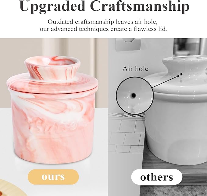 Ceramic Butter Crock with Lid & Spreader Knife, Butter Keeper - Ideal Butter Storage & Countertop Butter Dish (Marble Pink with Marble Pink Knife, M)