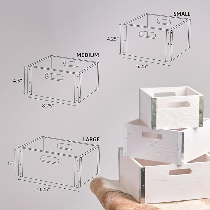 wald imports - Set of 3 Rustic Whitewash Wooden Crates for Storage - Decorative Wooden Crate Set for Home Decoration & Display - Vintage Storage for Household Goods