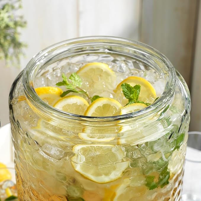 HC Classic Hammered Glass Ice Cold Beverage Drink Dispenser - 3 Gallon, With Glass Lid and Antique Metal Stand, 100% Leak Proof Spigot- Wide Mouth Easy Filling For Outdoor, Parties & Daily Use