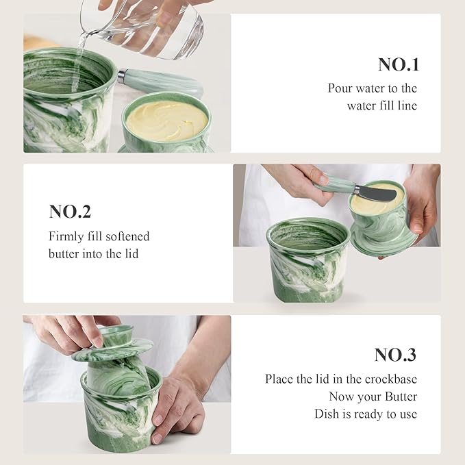 Ceramic Butter Crock with Lid & Spreader Knife, Butter Keeper - Ideal Butter Storage & Countertop Butter Dish (Marble Green with Marble Green Knife, M)