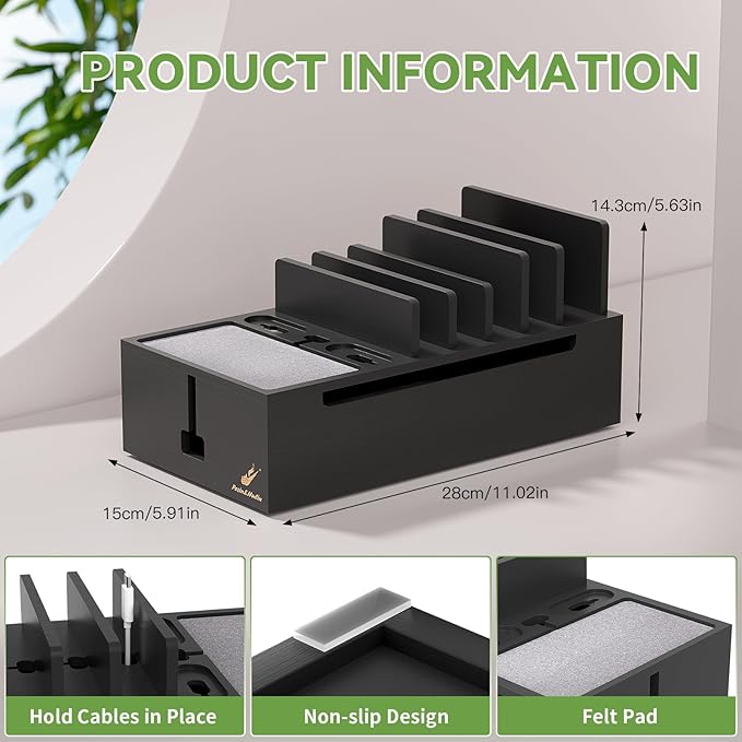 Pezin & Hulin Multi Charger Station Organizer, 5-Port USB Charger Dock with 6 Cables, Cable Management Box, Cord Organizer for Desk, Wire Organizers and Storage for Cords and Power Strip -Black