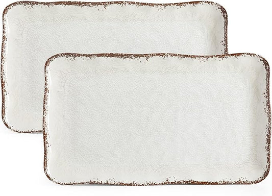 LEHAHA Farmhouse Large Serving Platters, 2 Piece Melamine Dinnerware Set, 17.5 x 10 Inches Vintage Serving Tray, Rectangle White Rustic Trays Set of 2