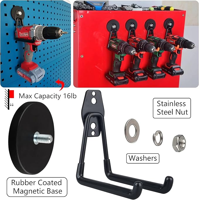 MUTUACTOR Large Garage Hooks,2PCS Storage Magnetic Hooks Heavy Duty,Anti-Slide Garage Hanger Magnetic Mounting,Garage Organization for Power Drill,Garden Tools,Hose,Tool Chest,Steel Pegboard,Workshop
