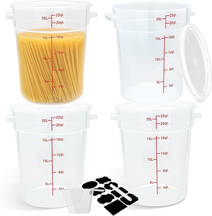 4 Pack Round Food Storage Containers with Lids, 22Qt Large Translucent Food Container, Polypropylene, BPA Free, Includes Labels & Measuring Cups