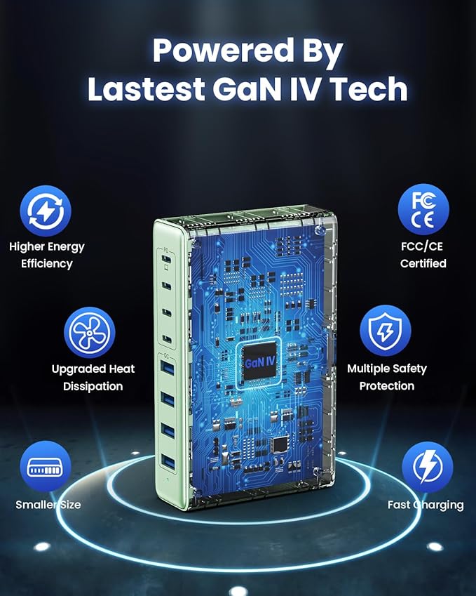 200W USB C Charger Block,GaN IV Charging Station 8 Ports,QC4.0 Fast Charging Station Hub+PD 65W USB C Laptop Charger Adapter Compatible with MacBook Air/Pro,DELL,iPhone 17/16/15,iPad,Steam Deck-Green