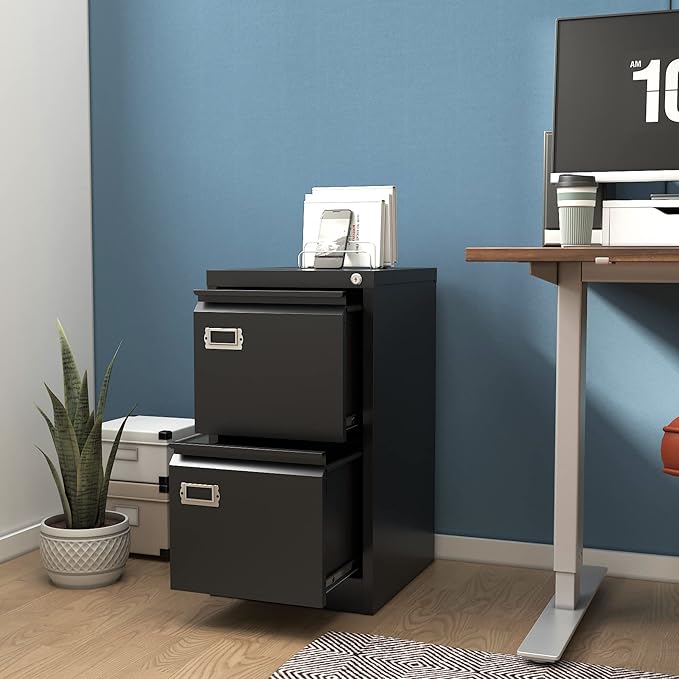 2-Drawer File Cabinet, 16.3" Deep Vertical Metal Filing Cabinet with Lock for Home Office, Anti-Tip 2 Storage Drawers for Letter/Legal/A4/F4 Size (Assemble Required, Black)