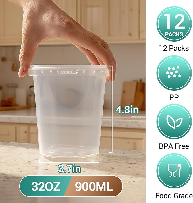 12 Pack 32 oz Clear Plastic Bucket with Lid, Food Storage Containers, Freezer Plastic Cups, Leakproof, BPA Free, Microwave & Dishwasher Safe Takeout Container - Ideal for Soup and More
