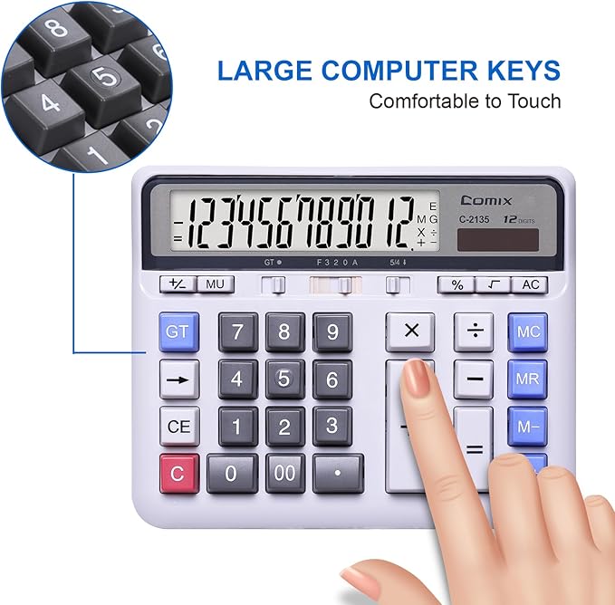 Comix Desktop Calculator Solar Battery Dual Power with 12-Digit Large LCD Display and Large Computer Keys Standard Function Calculator for Home Office School, White(2 Pack)