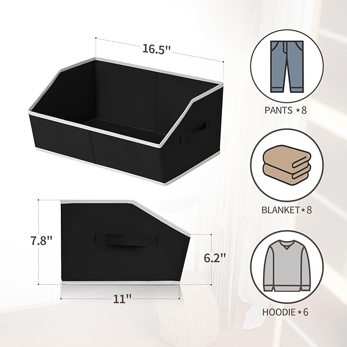 Closet Baskets for Shelves Trapezoid - Decorative Storage Baskets with Handle, Closet Bins for Organization, Shelf Storage Bins for Clothes, Books, Home, Office, 8 Pack, Black