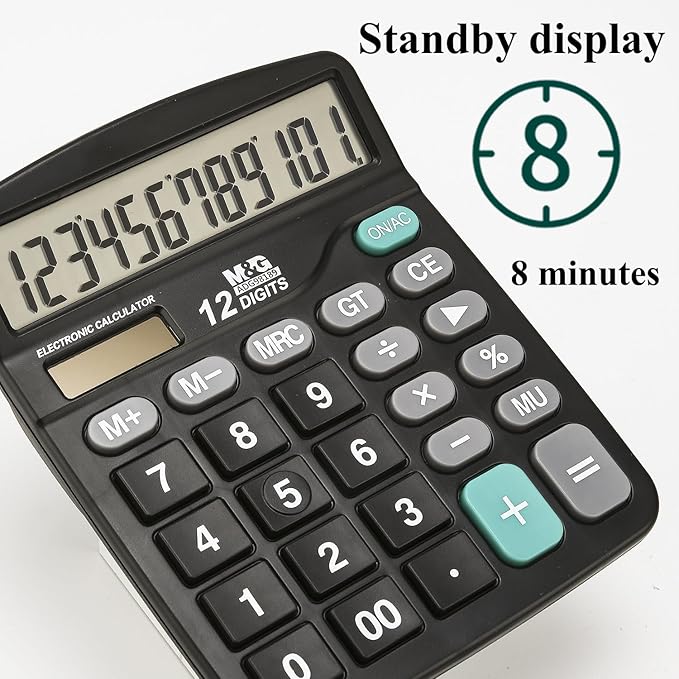 M&G Desk Calculator 12 Digit Office Calculators with Large LCD Display, Dual Solar Power and Battery, Recessed Big Button Calculator for Office Home School (Black)
