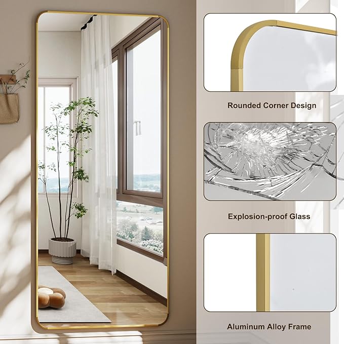 HARRITPURE 66x23 inch Rounded Full Length Mirror Aluminum Frame Mirror Full Length Floor Mirror with Stand for Living Room Bedroom Cloakroom,Gold