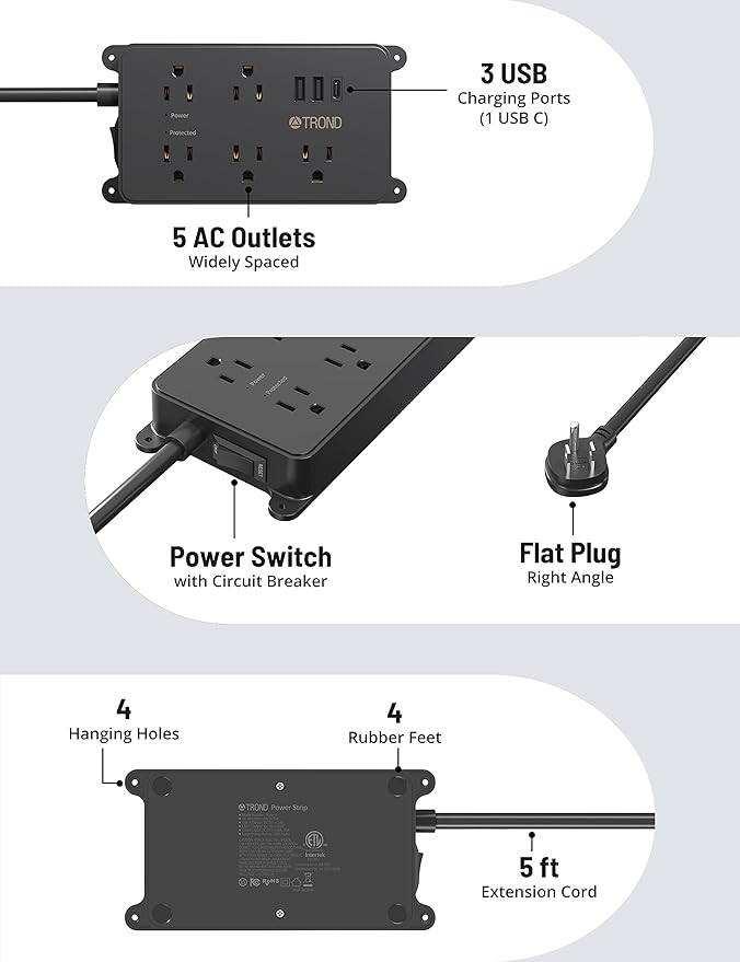 TROND Power Strip Surge Protector, 5 Widely-Spaced Outlets with 2 USB A and 1 USB C, ETL Listed, Wall Mountable, Flat Plug 5ft Extension Cord, 1300J, 14AWG Heavy Duty, for Office Kitchen, Black