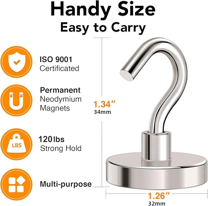 MIKEDE Strong Magnetic Hooks, 120Lbs Heavy Duty Magnetic Hooks for Cruise Cabin, Neodymium Earth Magnets with Hooks for Hanging, Super Metal Industrial Magnetic Hanger for Grill, Cruise, Storage