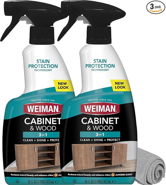 Weiman Cabinet and Wood Cleaner, Shine, Clean and Protect Spray - For Wood Cabinets, Furniture, Tables, Baseboards, Trim and more, 16 oz, 2 PACK with MicroFiber Towel