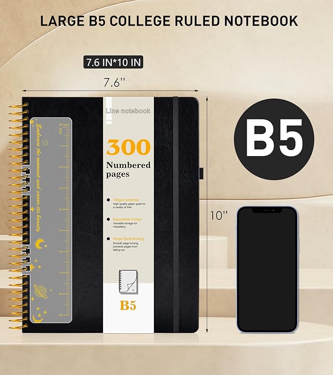 B5 Spiral Notebook Journal 7.6” x 10”, 300 Numbered Pages Hardcover Leather Journals for Women Men, Large Lined College Ruled Notebooks, 100GSM Thick Paper, Spiral Bound Journal for Work School, Black