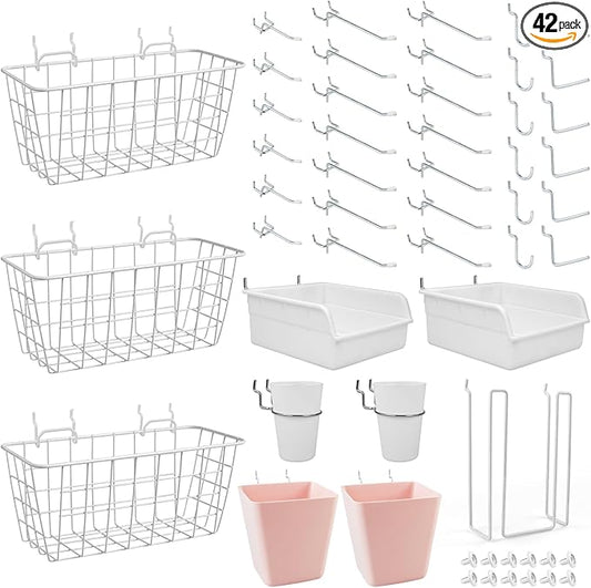 Pegboard Basket Organizers, Peg Board Large Baskets Hooks Bins Cups Tool Organizer 42 Pack Set, Wall Storage Display Hanging Accessories for Craft Office Stadio Shed Garage Organization (White & Pink)