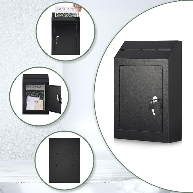 xydled Wall-Mount Mailbox,Heavy Duty Deposit Drop Box, Locking Metal Key Drop Box Suggestion Box with Key Lock,Secured Safe Storage Box Postbox for Home&Business Use,15x12x4 Inch,Black