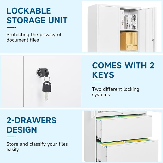 2-Drawer Metal File Cabinet, Lateral Vertical Filing Cabinets for Home Office, Locking File Cabinet with Storage Shelves, Legal/Letter/A4 Size (White, Assemble Required)