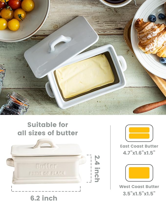 Butter Dish with Lid, Ceramic Butter Dish for Countertop Butter Holder Container Large Butter Keeper for East West Coast Butter, Thanksgiving, Christmas, White