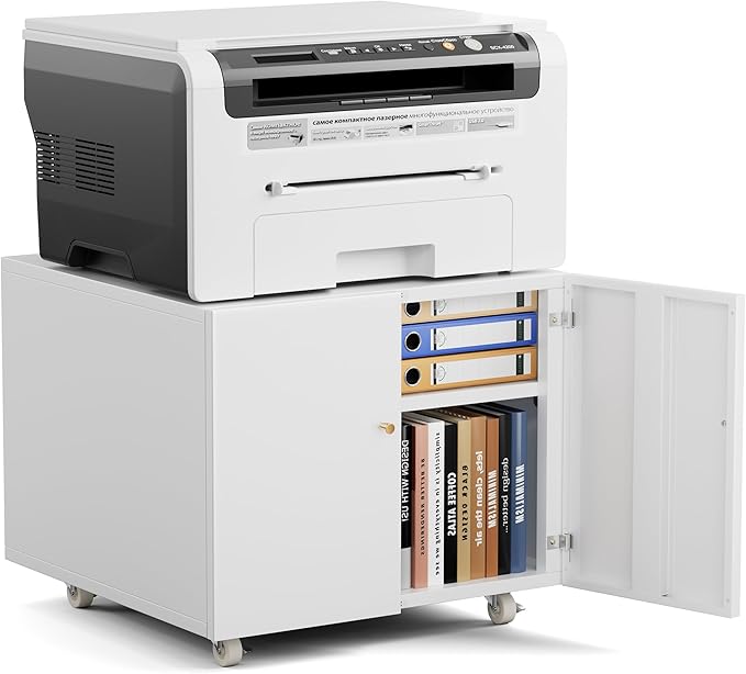 Warmiehomy Metal Printer Stand with Storage Mobile Printer Tables for Small Spaces with Door Adjustable Shelf White File Cabinet on Wheels for Home Office