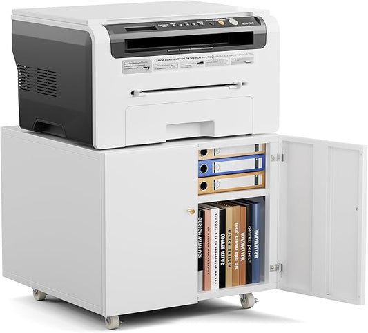 Warmiehomy Metal Printer Stand with Storage Mobile Printer Tables for Small Spaces with Door Adjustable Shelf White File Cabinet on Wheels for Home Office