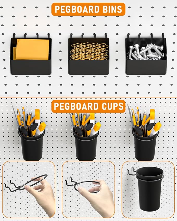 INCLY 30PCS Peg Board Organizer Accessories Kit, Pegboard Hooks Assortment with Bins, Cups, Wire Baskets and Paper Towel Holder for 1/8“ and 1/4” Pegboard Garage Workbench Craft Room Organizing Tools
