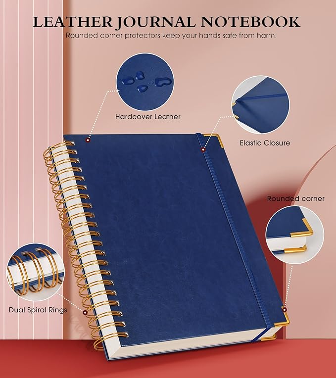 Spiral Notebook Journal 8.5” x 11”, 300 Pages Hardcover Leather Lined Journals for Women Men, A4 Large College Ruled Notebooks with 100 GSM Thick Paper, Spiral Journal for Writing Work School, Navy