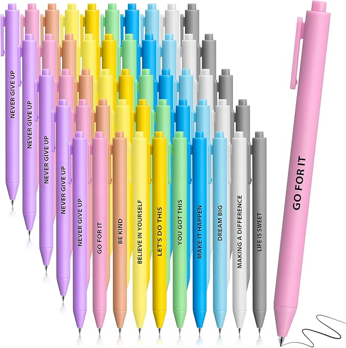 Epakh 50 Pcs Funny Pens Inspirational School Pens Bulk Positive Motivational Quotes on Ballpoint, Black Ink Pen for Adults Back to Schools Gift from Teacher(Inspirational,Macaron Color)