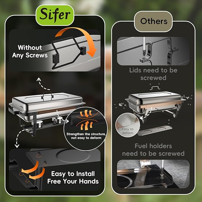sifer 9Qt 2Pack Chafing Dishes for Buffet [Multi-Size Food Pans] | Chafing Dishes with Screwless Assembly & Stackable [Easy to Store] Design for Wedding/Home/Christmas Buffets, Black