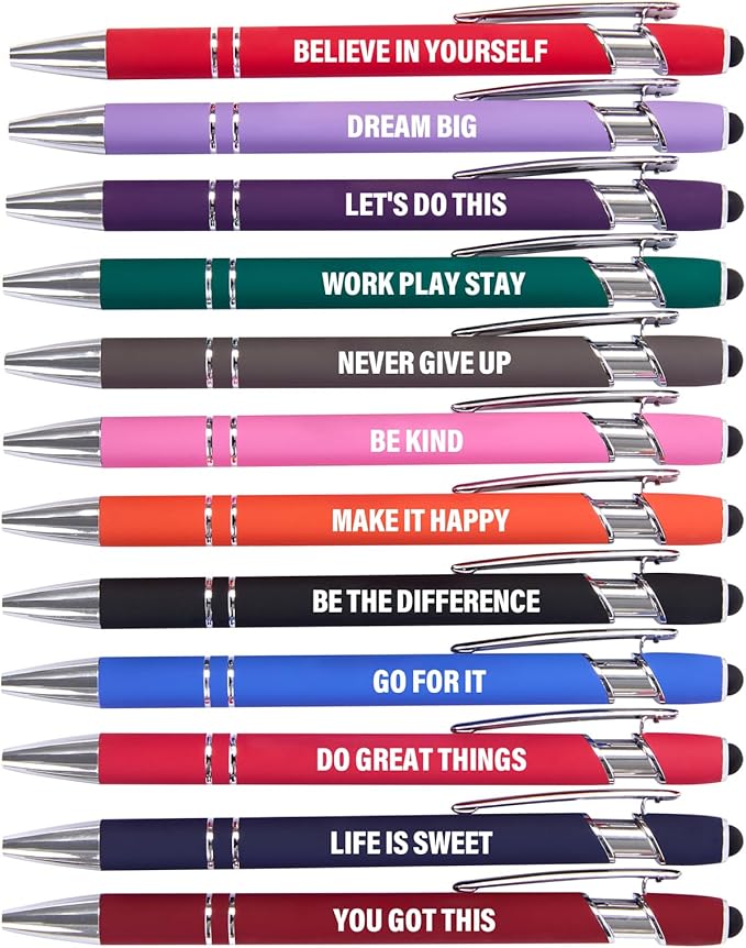 Funny Pens - 12 Pack Fine Point Smooth Writing Pens with Inspirational Tips, Black Ink, Touch Stylus Screens, Motivational Gift for Office & Desk Accessories