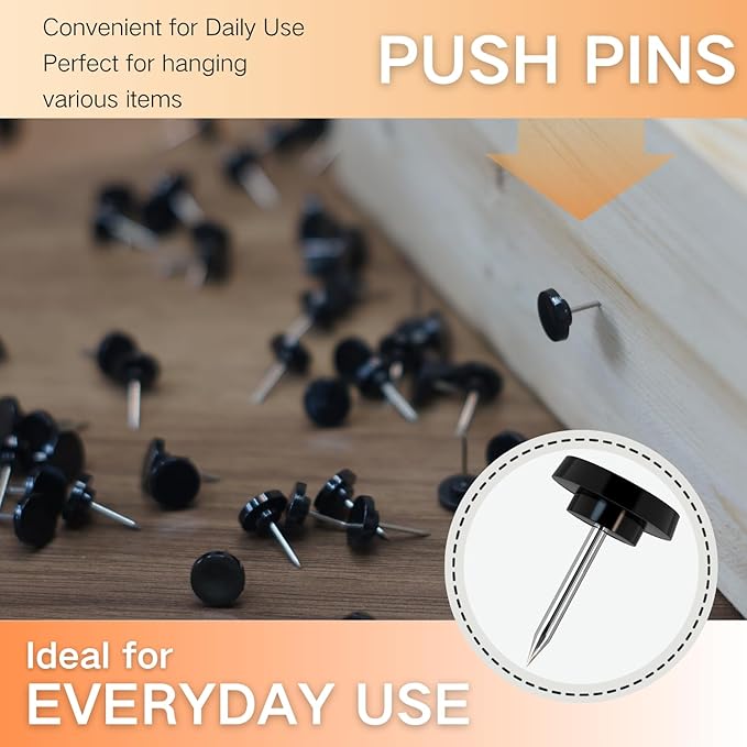 150 PCS Black Flat Push Pins for Wall Thumb Tacks for Walls Flat thumbtacks Push pin for Bulletin Board Shadow Box Display Thumbtack for Cork Board