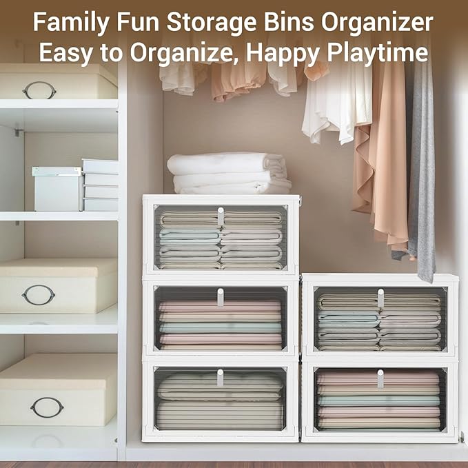 Storage Bins with Lids,4 Tier Stackable Storage Bins with Drawers,4 Pack Collapsible Plastic Storage Boxes with Wheel-1 Lid,23QT Foldable Containers for Closet Living Room Bedroom Office.