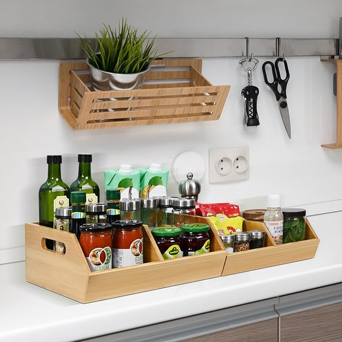 Ollieroo Bamboo Stackable Storage Bin, Pantry Organizer and Storage Baskets, Potato and Onion Kitchen Organizer, Kitchen Storage Containers for Produce, Fruit, Bread, Vegetable, Garlic, Pack of Two