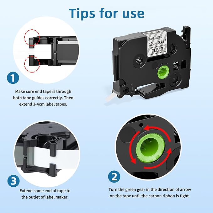Label Maker Tape Clear TZe TZ Tape 12mm 0.47 Laminated TZe-131 Replacement for Brother P-Touch Label Tape Black on Clear TZe131 for Ptouch PT-D220 D210 H110 1180 1280 1890 Refills, 4-Pack
