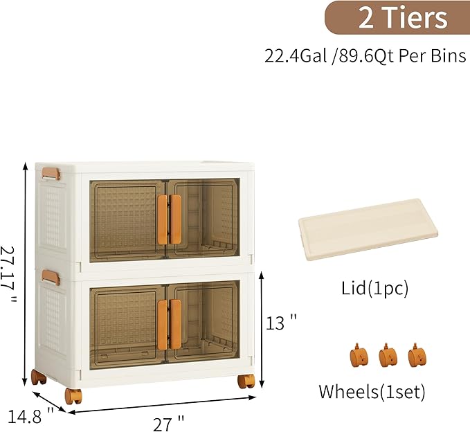 Plastic Stackable Storage Bins with Lids and Wheels, Foldable Closet Organizers and Storage Containers, Collapsible Clear Drawer Storage Cabinet with Doors Ivory White 179.2 QT