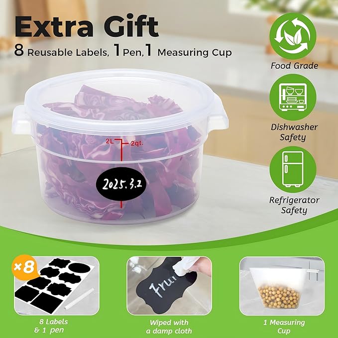 4 Pack Round Food Storage Containers with Lids, 2Qt Translucent, Polypropylene, BPA Free, Includes Labels & Measuring Cups