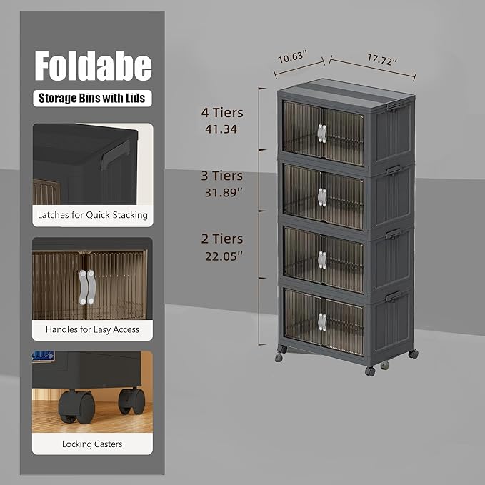 Stackable Storage Bins with Lid & Drawers, Large Foldable Collapsible Storage Containers Bin with Doors & Wheels, Folding Plastic Storage Boxes for Home, Pantry, Office (S, Gray 4-Tier)