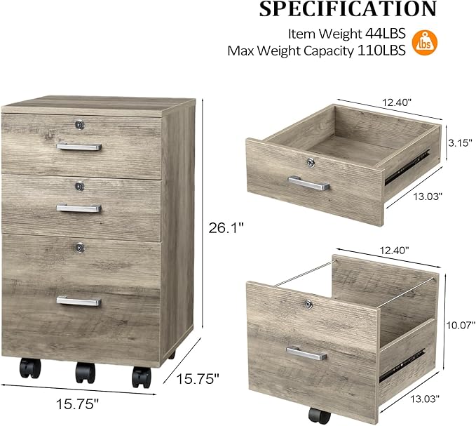 VINGLI 3-Drawer File Cabinet with Lock, Wood Rolling Under Desk File Cabinets for Home Office, Mobile Printer Stand & Filing Organizer for Letter Sized Files, 26" H(Caster Included), Rustic Gray