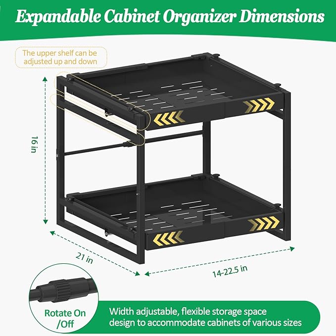 REALINN 2 Tier Pull Out Cabinet Organizer, 21 inch Depth Slide Out Shelves, Expandable 14"-22.5" Wide Heavy-Duty Cabinet Drawers for Kitchen Pots, Pans & Pantry Storage, Black
