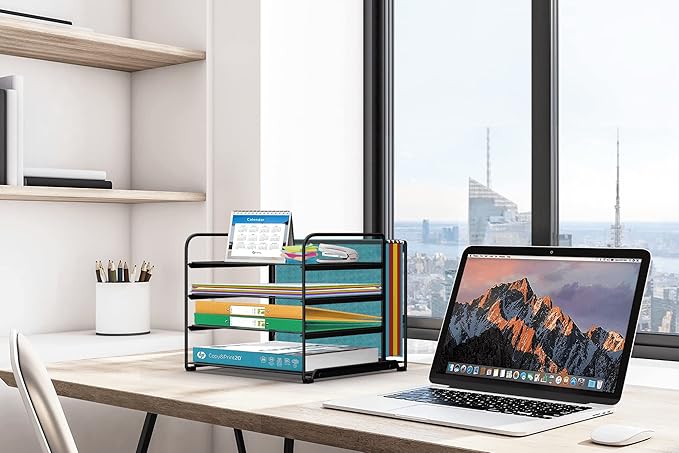 CAXXA 4 Tier Mesh Document Trays with Vertical Upright Section for Hanging File Holders, Mesh Office Supplies Desk Organizer, Black