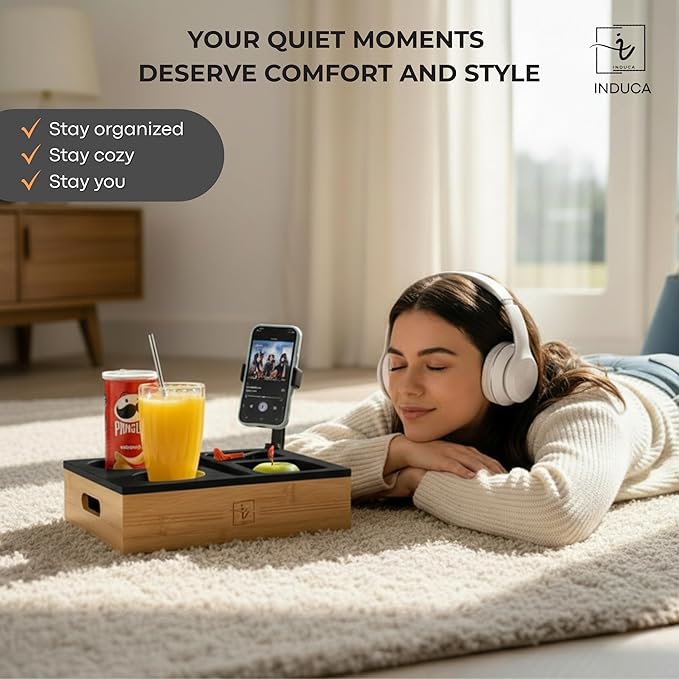 Couch Caddy with Cup Holder | Bamboo Couch Cup Holder Tray for Drinks, Snacks & Remotes | Couch Tray for Bed, Car Seat & Beach Organizer (Black)