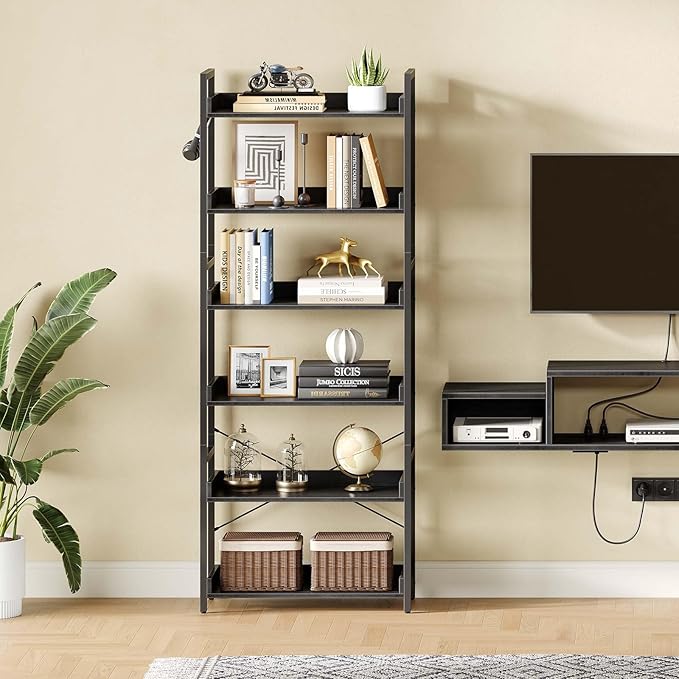 Rolanstar Bookshelf 6 Tier with 4 Hooks, Industrial Wood Bookcase, Vintage Storage Rack with Open Shelves, Rustic Standing Bookshelves Metal Frame Display Rack for Living Room, Bedroom, Black