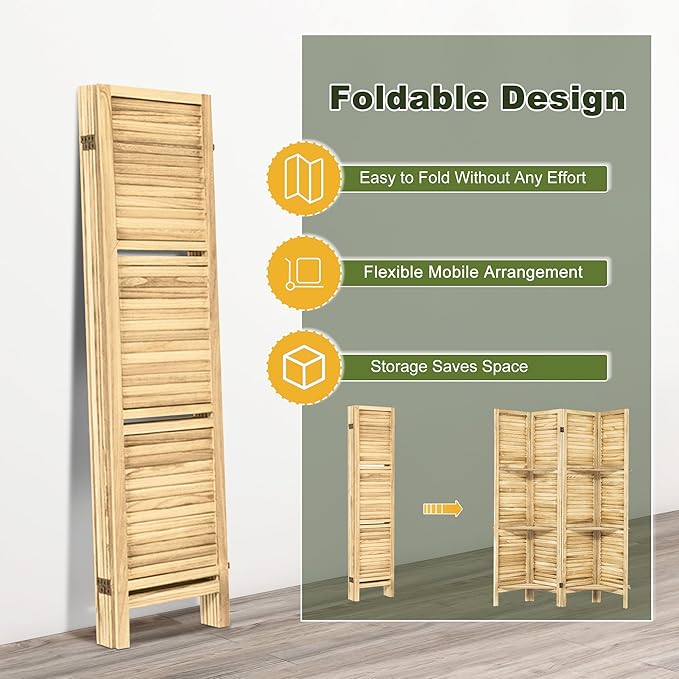 NicBex 4 Panel Room Divider,5.6FT Wood Carved Room Dividers with Display Shelves Folding Privacy Screens Portable Freestanding Partition Wall Dividers for Room Separation, Bedroom Office,Natural Wood
