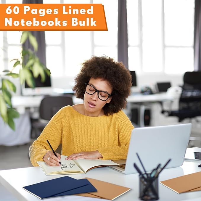 Mimorou 100 Pcs Kraft Notebook Journals 5.5 Inch x 8.3 Inch A5 Softcover Notebooks Bulk for Writing Sketch Office Notepad with 60 Pages 30 Sheets(Brown, Navy,Lined)