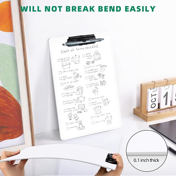 White Clipboard with Pen Holder, Set of 6 Plastic Clipboard with Low Profile Metal Clip, Hanging Clipboards Holds 8.5x11 Inch Papers, Standard A4 Letter Size Clip Boards for Office & School