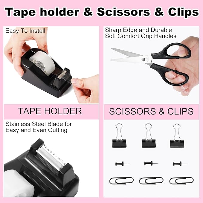 Black Desk Organizers and Accessories 10Pcs Set with 360-Degree Rotating Pen Holder, Tape Dispenser, Stapler, Staple Remover, 1000 Staples, Tape, Clips Set, Ruler, Scissor, Pen (Black)