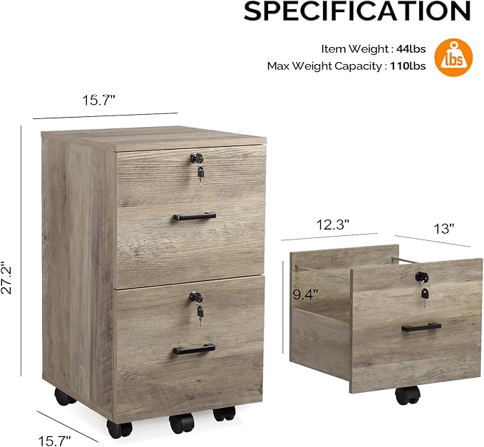 VINGLI 2 Drawer File Cabinet with Lock, Wood Rustic Gray Filing Cabinet for Letter Size File Folders with Tabs, Under Desk Rolling File Cabinets for Home Office, Mobile File Organization Printer Stand