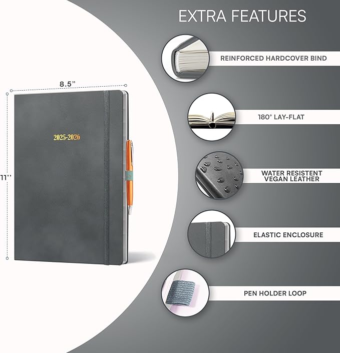Ensight 2025-2026 HARDCOVER Leather Planner Weekly & Monthly - 8.5x11 Inches - Academic Planner Business Personal or Student - Pen Holder, Thick Paper, July 2025 - June 2026 (Grey)
