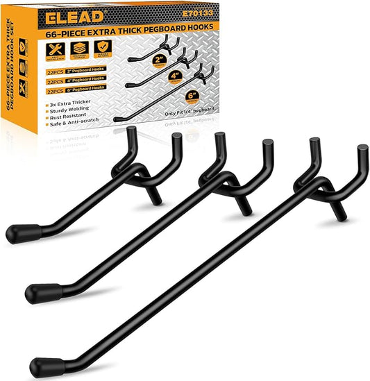 ELEAD 66-Piece 2/4/6 Inch Extra Thick Pegboard Hooks, Heavy Duty Peg Board Organizer Accessories, Peg Board Tool Hangers Fit for 1/4" Pegboard Hanging Tools Garage, Workshop, and Craft Storage